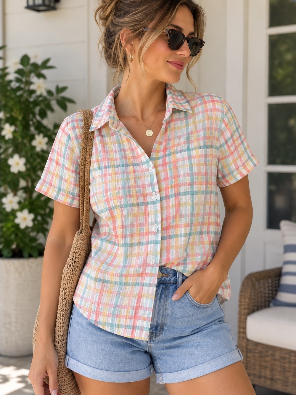 Vintage L.L.Bean Pastel Plaid Seersucker Shirt XL 100% Cotton